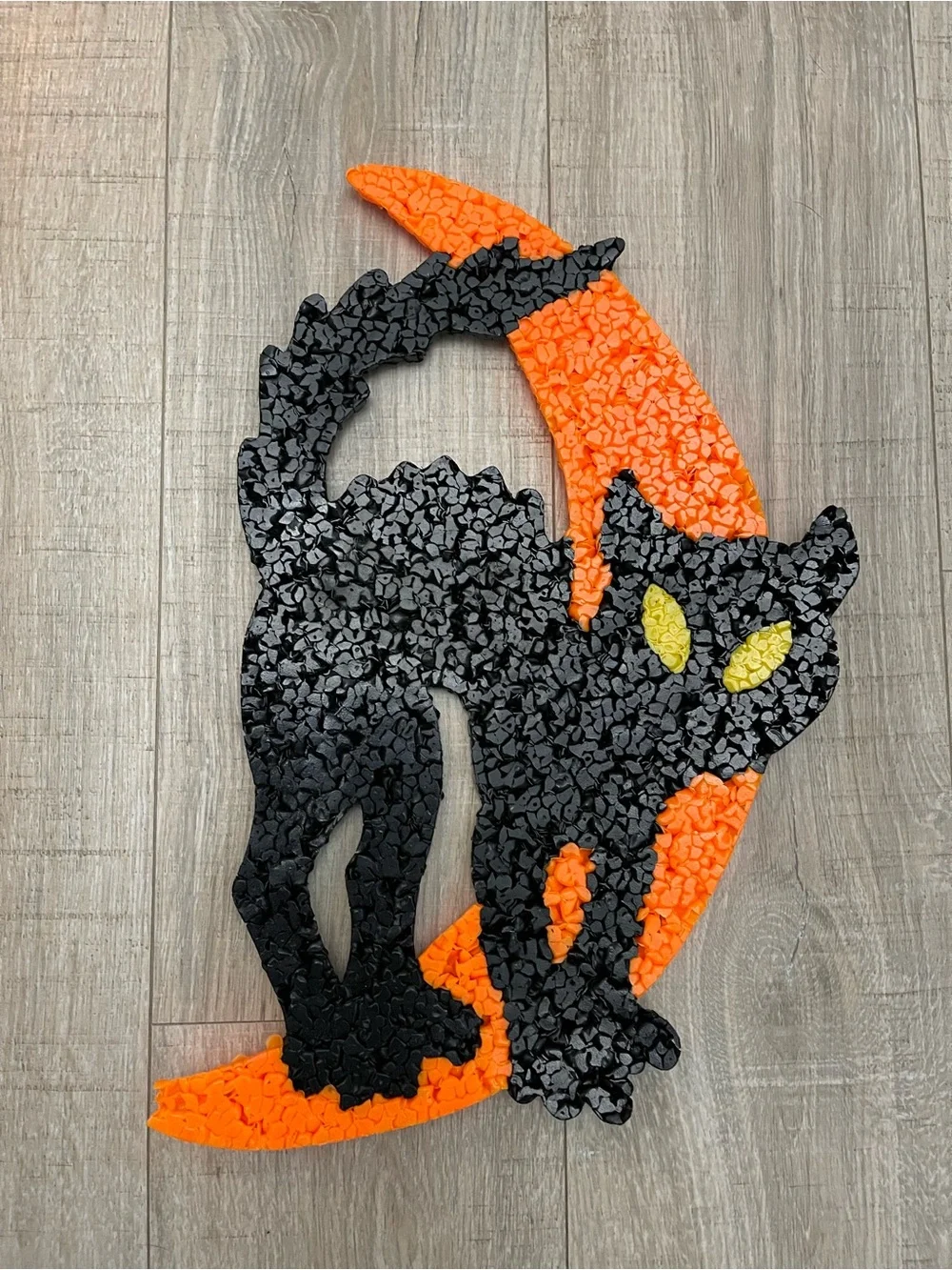 Vtg 70s Melted Plastic Popcorn Halloween Decoration Black Cat on Crescent Moon